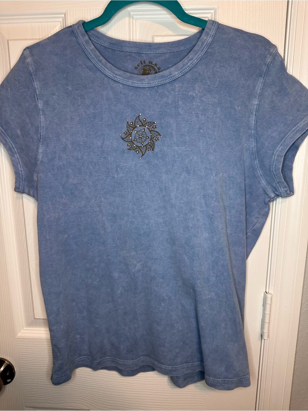 Washed Blue Short Sleeve Tee with Sun & Moon Embellishment